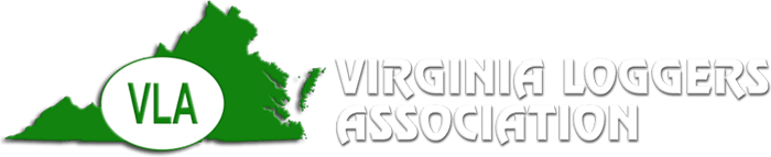 Logo of the Virginia Loggers Association featuring a green outline of Virginia with "VLA" in a white circle and the text "Virginia Loggers Association" in white.